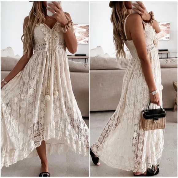 Boho Embroidered Floral Tassel Lace Cami Maxi Dress - Picture 8 of 8